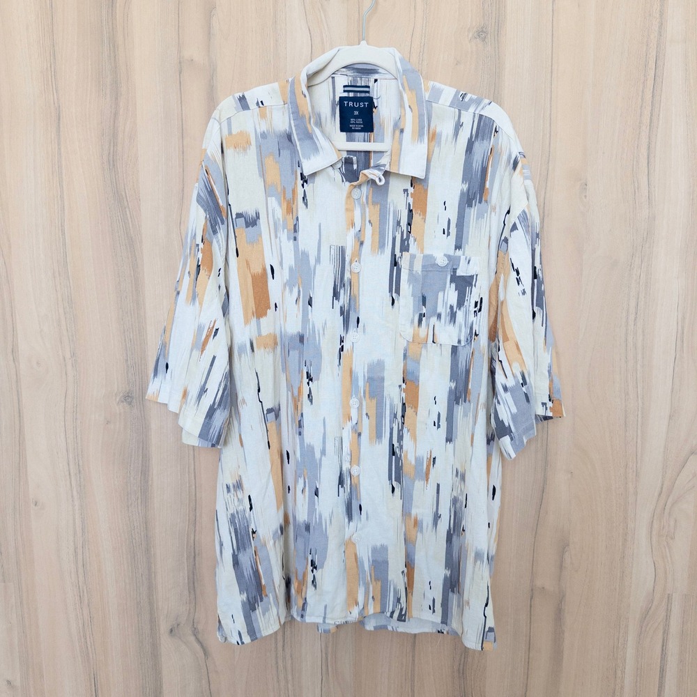 Trust Mens Linen Blend Button Down Shirt Size 3X Tan Blue Abstract Short Sleeve